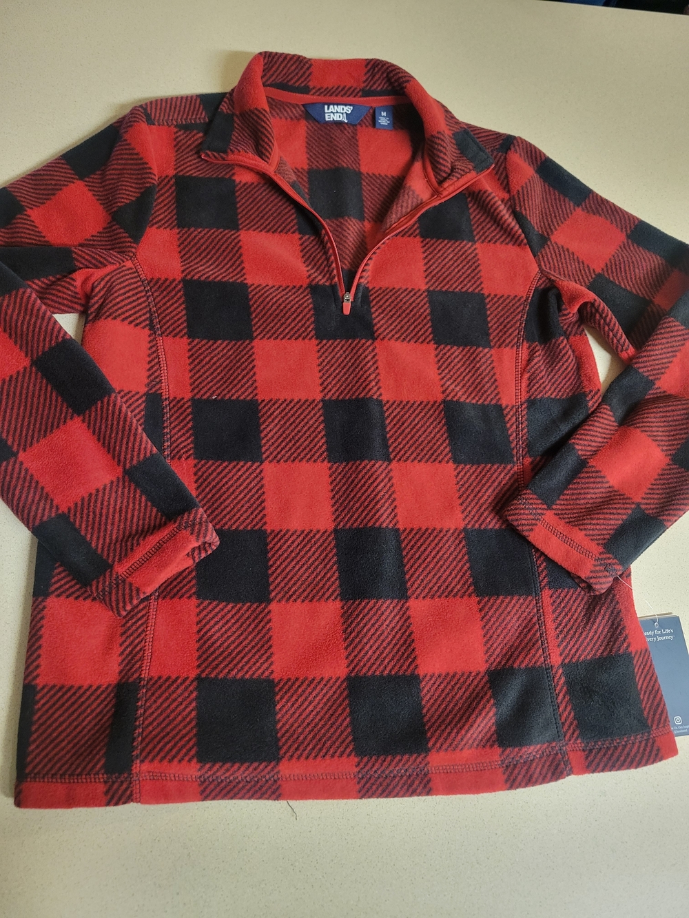 Lands' End Women's Red and Black Buffalo Plaid Quarter-Zip Fleece